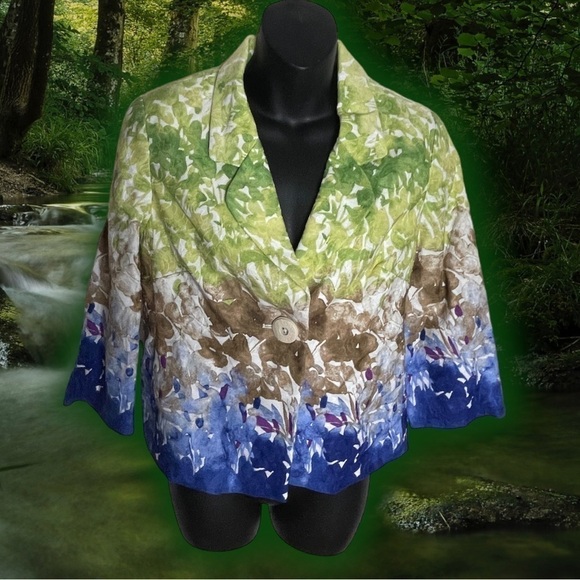 🔥 COLDWATER Creek 100% Cotton Painted Floral Ombre Blazer Jacket Women's sz 4 - Picture 2 of 16